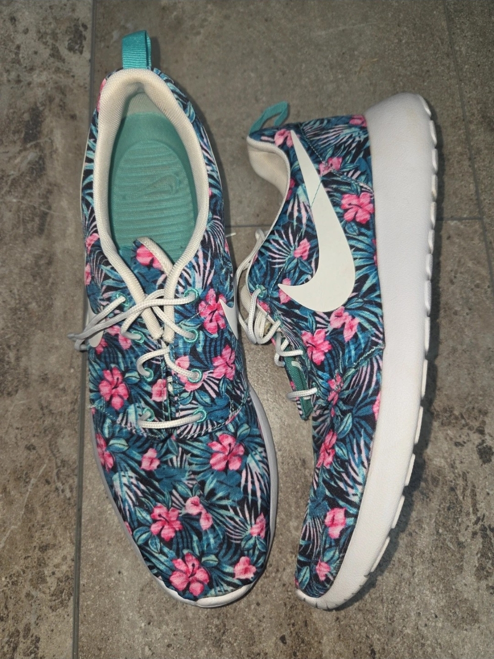 - Nike Floral Print Athletic Shoes - Teal with Pink Flowers